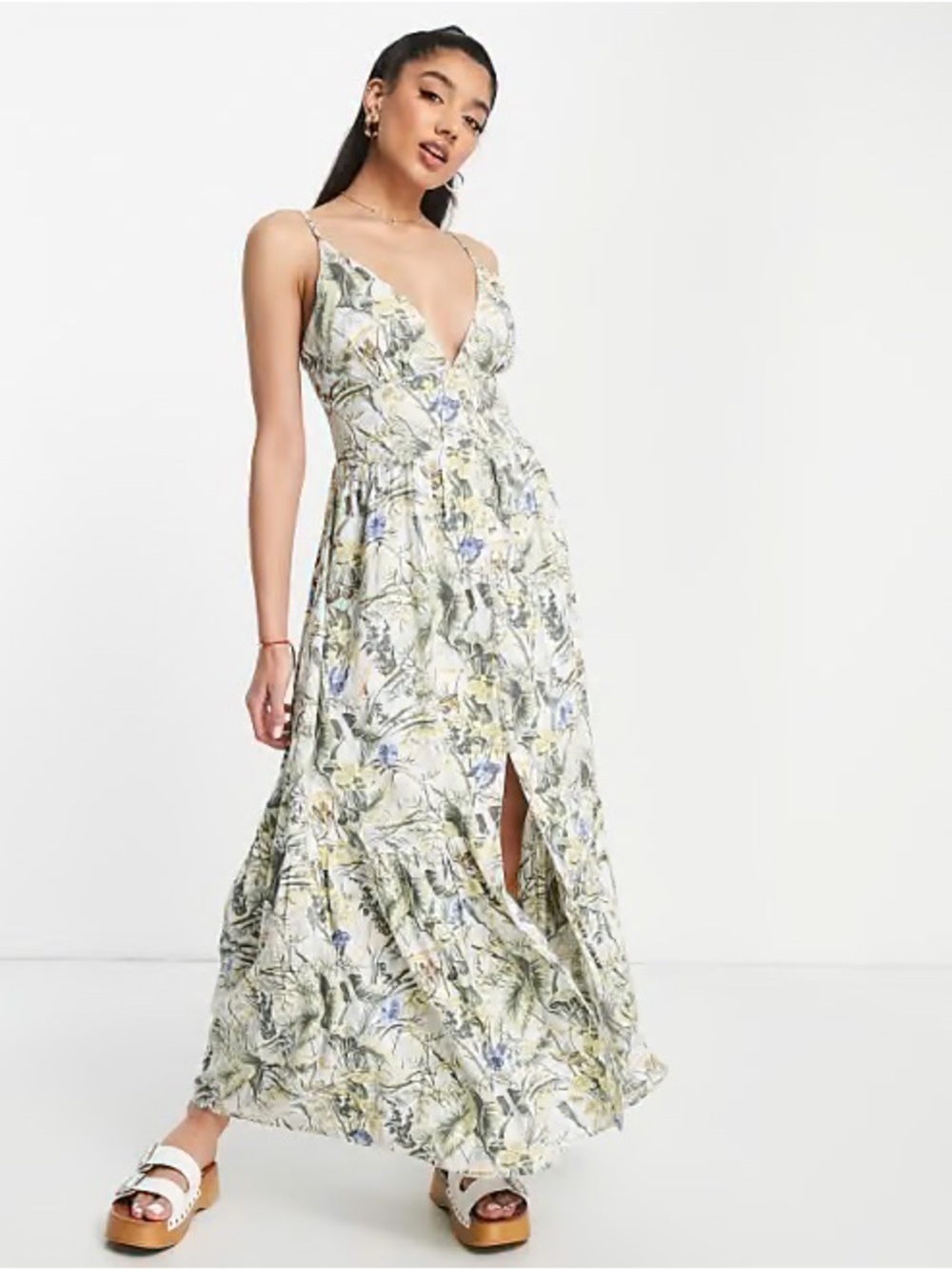 Abercrombie & Fitch Floral V-Neck Maxi Dress Size Small Yellow Blue Tropical